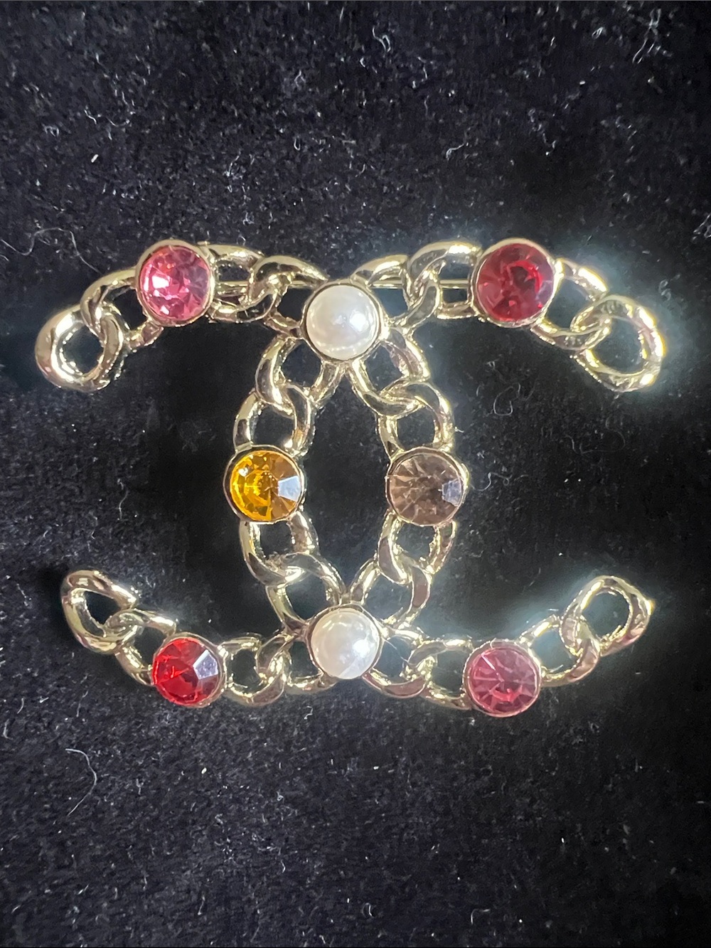 Gold-Tone Crystal Chain Logo Brooch - Multicolor - Picture 2 of 8